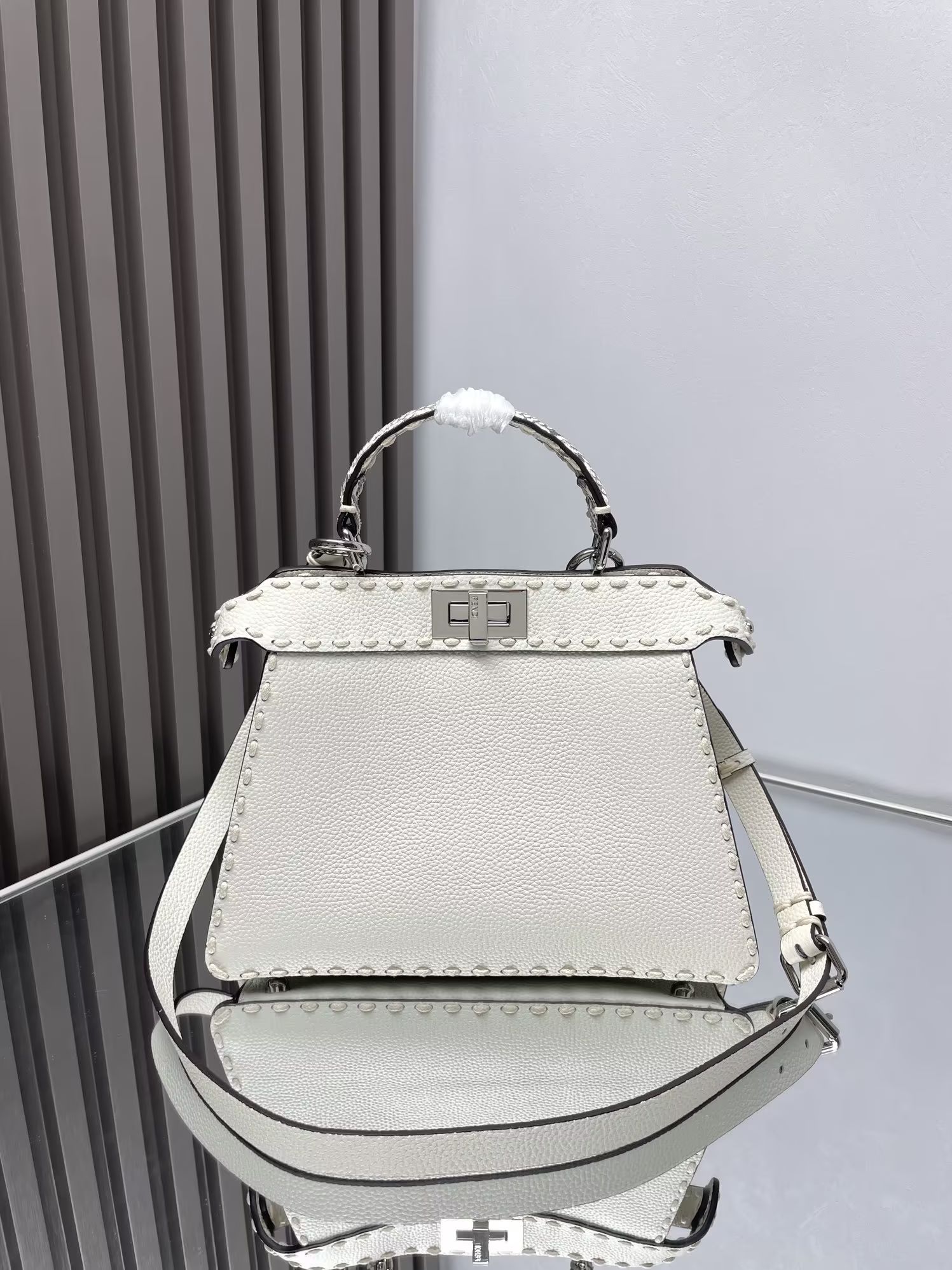 Fendi Peekaboo ISeeU Small White Selleria Bag with 556 Hand-sewn Topstitches